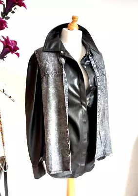 Buy 2 In 1 Black Leather {PVC}Jacket Shirt With Grey Denim Vest Waistcoat Biker Chic • 29.99£