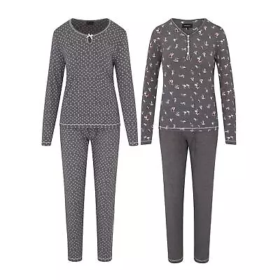 Buy Ladies Cotton Rich Pyjama Set Long Sleeve Love Floral Grey Stretch PJ'S • 14.99£