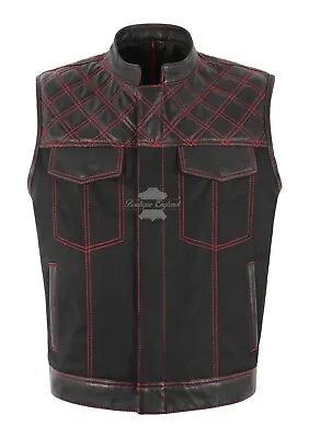 Buy Men's Biker Waistcoat Vest Cordura Black Red Stitching Quilted SOA Leather Vest • 49.99£