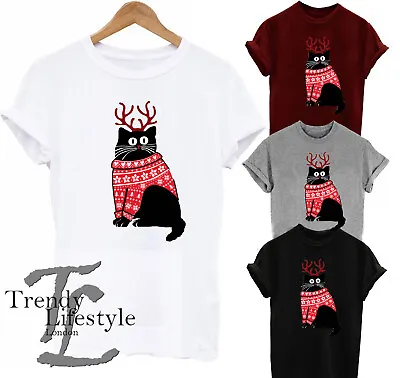 Buy Christmas Cat With Antlers Horns Funny Trendy Unisex Adult Kid Cotton Tshirt • 8.99£