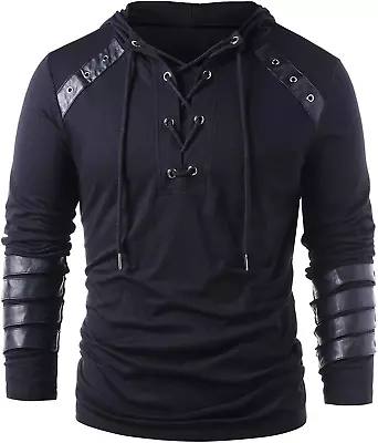 Buy Men Gothic Steampunk Drawcord Lace Up Hoodie Medieval Knight Long Sleeve Leather • 34.38£