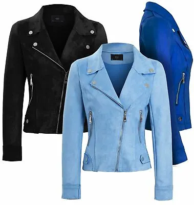 Buy Womens Faux Suede Biker Jacket Pale Blue Cobalt Black Coat Size 8 10 14 16 New • 36.95£