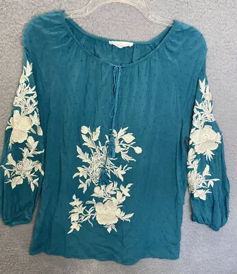 Buy Solitaire Tunic Peasant Shirt Teal Blouse Women Sz M White Embroidered Flower • 12.30£