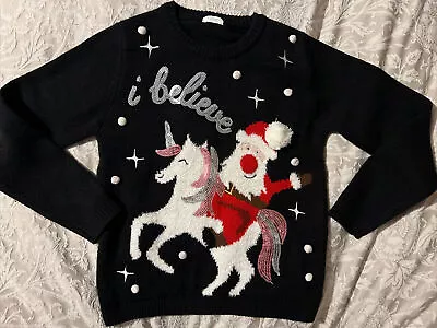 Buy Christmas Sweater Xmas Unicorn Christmas Jumper Age 9 Girls Santa NEXT Sequin • 14.95£