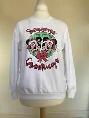 Buy Disney Christmas Jumper Sweatshirt White Mickey Minnie Seasons Greetings M 12 UK • 35£