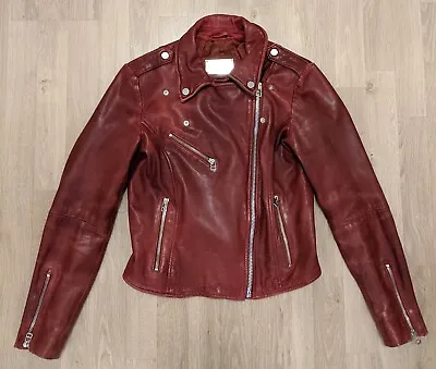 Buy Mango Burgundy Maroon Red Leather Biker Jacket - Size XS • 60£