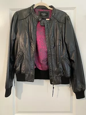 Buy Harley Davidson Womens Sz L #1 Skull Bomber Black L Lambskin Leather Jacket • 63£