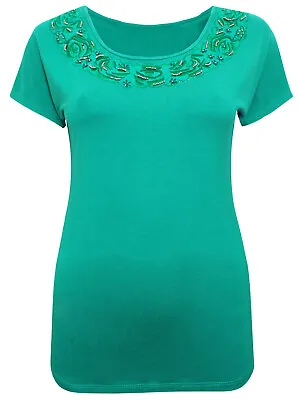 Buy Ex-Stella Kiran Green Embroidery/Bead Trim Jersey  Scoop Neck T-Shirt - BNWOT • 4.99£