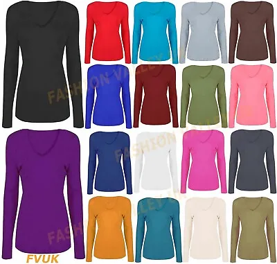 Buy Womens Long Sleeve Plain Tee T Shirt V Neck Top Ladies Stretch Basic Top 8-26 • 7.99£