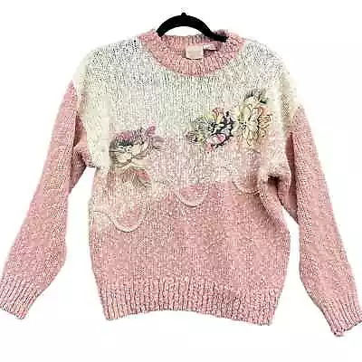 Buy VTG Needles & Yarn Grandmacore Sweater Women Lg Pink Floral Appliqué Nerdy Bead • 23.62£