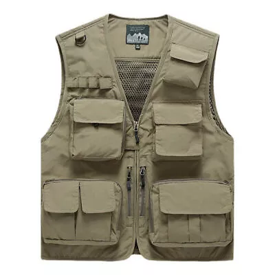 Buy Men Sleeveless Multi-Pocket Waistcoat Safari Gilet Jacket Hiking Fishing Vest UK • 17.88£
