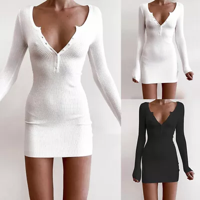 Buy Womens Sexy Ribbed V Neck Mini Dresses Ladies Long Sleeve Bodycon Jumper Dress • 12.29£