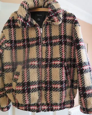 Buy Ladies Teddy Coat Sherpa Jacket - Size Sm - Multicoloured Check - Zip - Ex Cond • 9.99£