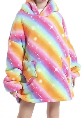 Buy TEENS RAINBOW COLOUR/STAR POCKET SUPER PLUSH Oversized Blanket Hoodie - NEW • 16.95£
