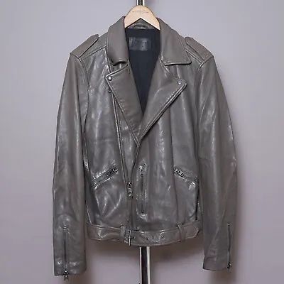 Buy All Saints Leather Jacket MEDIUM Mens Grey Celebrity Sample Biker Rock Bomber • 99.99£