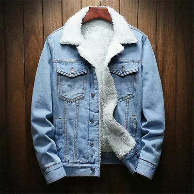 Buy Mens Fleece Turn-down Collar Regular Long Sleeve Denim Button Winter Coats • 19.55£