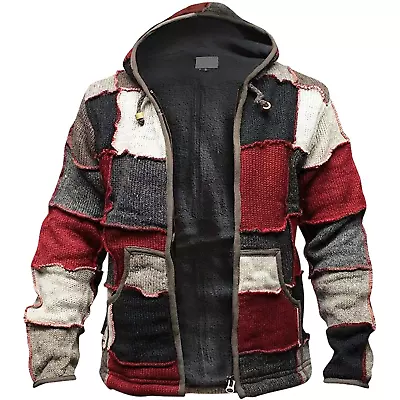 Buy Mens Winter Patch Wool Hippie Jacket, Colourful Hoodie With 2 Pockets And Zipper • 68.99£