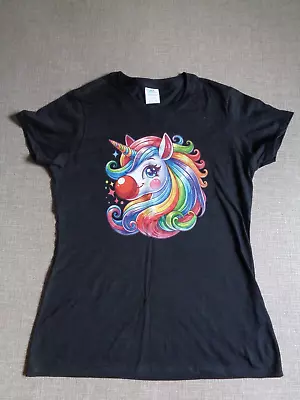 Buy Unicorn T-shirt With Red Nose Black Rainbow Small Ladies Womens 100% Cotton • 14.99£