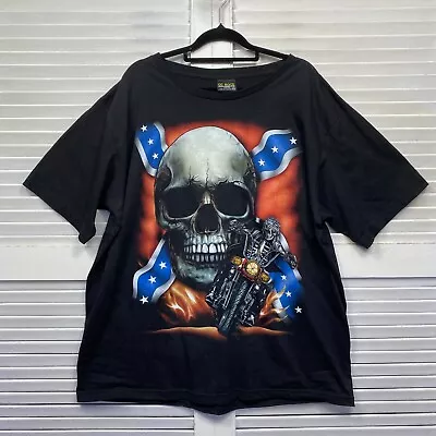 Buy Skull Skeleton Biker T-Shirt Mens 2XL Flames Black Short Sleeve Oz Rock Clothing • 15.78£