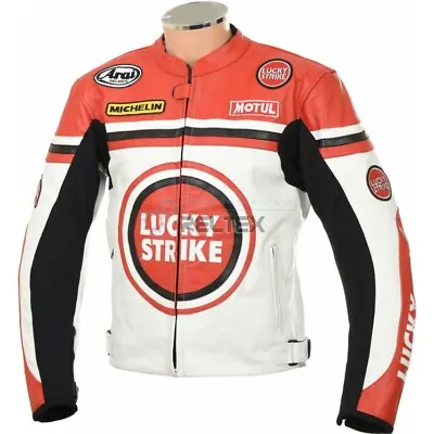 Buy LUCKY STRIKE Classic Sports Red White Motorcycle Biker LEATHER JACKET XL44  UKFD • 165£