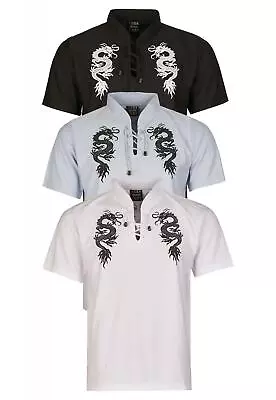 Buy Men Polo T-Shirt Tie Front  Chinese Dragon Granddad Collar   S To 6XL • 9.95£