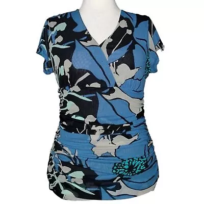Buy New York & Company Size L Blue Multi Color Floral Print Short Cap Sleeve Top • 23.62£