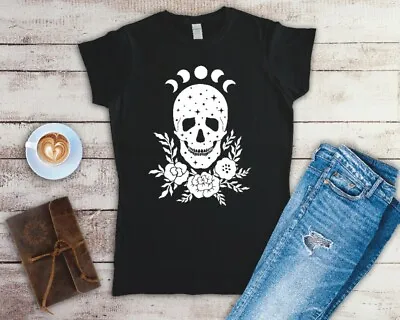 Buy Moon Phases Skull And Flowers Ladies Fitted T Shirt Sizes Small-2XL • 11.24£