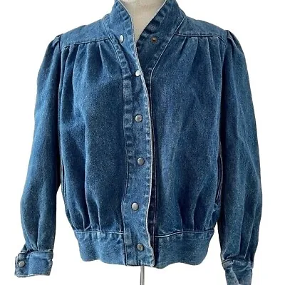 Buy VTG 80s Denim Jean Jacket Snap Buttons Puff Sleeves Nancy Stranger Things Medium • 95.32£