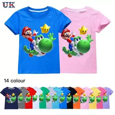 Buy Kids Boys Super Mario Yoshi Print Casual Short Sleeve T-Shirt Cotton Tshirt Top • 8.96£