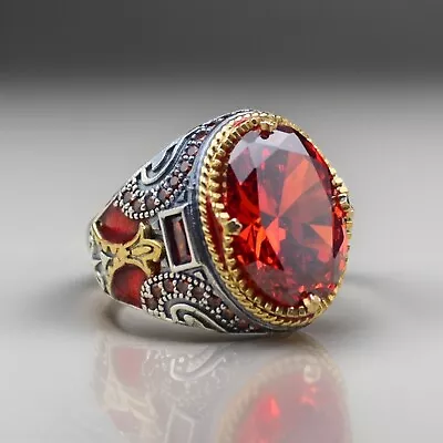 Buy Garnet Red Men's Ring In 925 Sterling Silver Turkish Jewelry All Size • 44.35£