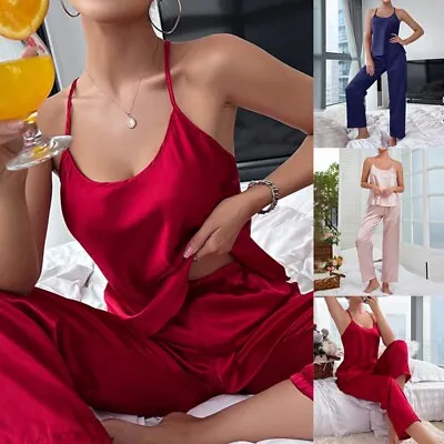 Buy Womens Satin Pyjamas Nightwear PJs Set Silk Cami Vest Nightie Outfit Loungewear • 11.39£