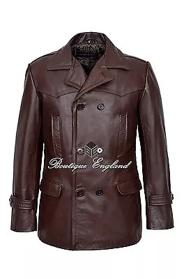 Buy GERMAN PEA COAT Brown  Men's Classic Reefer Military Hide Leather Jacket Dr Who • 129.72£