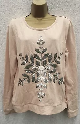 Buy BNWT NEW LOOK Peach Star Sequin Christmas Jumper Sweatshirt Size 16 • 16£