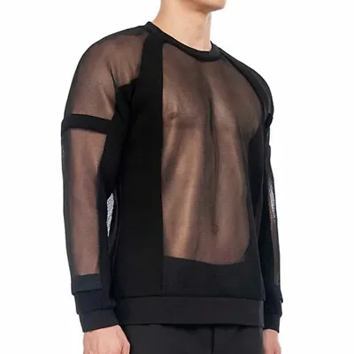 Buy Men Long Sleeve Splice Mesh See-Through Shirt T-shirt Quick Dry Punk Top Thin • 38.39£