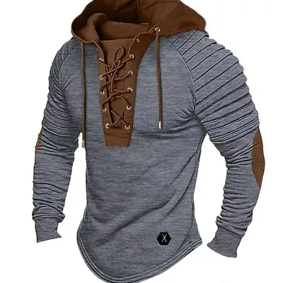 Buy Men Lace-up Pullover Hoodie Hooded Plain Pleat Long Sleeve Jumper Top Sweatshirt • 16.40£