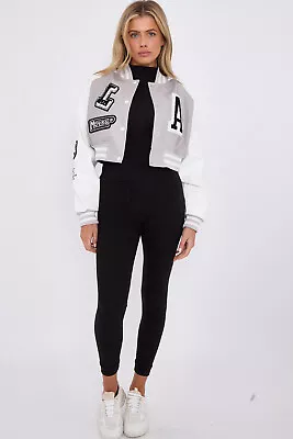 Buy Womens Ladies Cropped American Varsity Baseball Jacket Top Faux Leather LA Print • 19.99£