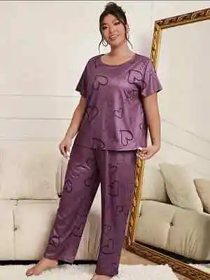 Buy Pyjama Set Plus Size 20 22 26 Purple Heart Print Stretch Loungewear Comfort • 11.80£