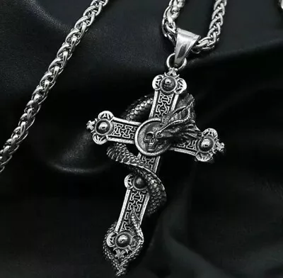 Buy Gothic Biker Dragon Skull Cross Pendant Necklace Stainless Steel Chain Jewelry • 7.84£