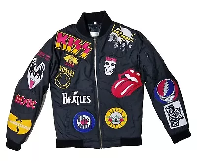 Buy Bomber Jacket Mens M Black Rolling Stones Guns Roses Zeppelin Pink Floyd Beatles • 250£