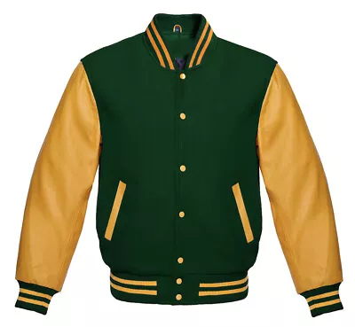 Buy Men's Varsity Letterman Baseball Green Wool & Pure Golden Leather Sleeves Jacket • 86.63£