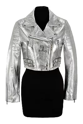 Buy Ladies Supermodel Leather Jacket Silver Real Lambskin Short Body Classic Fashion • 120£