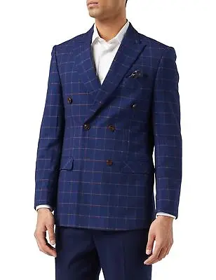 Buy Mens Double Breasted Blazer Blue Windowpane Check Tailored Fit Suit Jacket • 119.99£