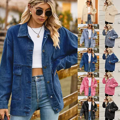 Buy Women's Long Sleeve Casual Denim Jacket Ladies Pockets Buttons Loose Jeans Coats • 24.99£