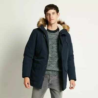 Buy Jack & Jones LARGE L Mens Winter Bomber Jacket Hooded Outdoor Coat Fur Navy Blue • 39.99£