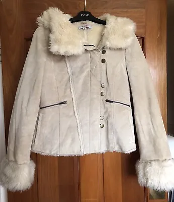 Buy Leather By Next Beige Suede Hooded Jacket With Faux Fur Trim - Size 10 • 12£