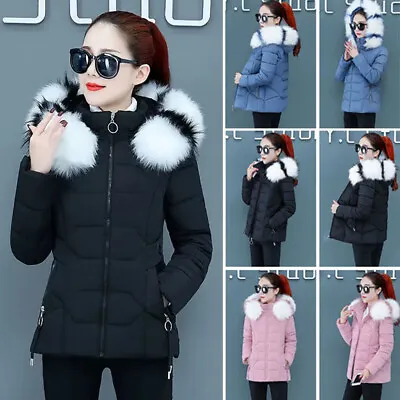 Buy Ladies Padded Puffer Puffa Jacket Warm Hooded Collar Women Parka Fur Winter Coat • 12.99£