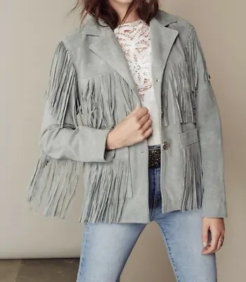 Buy Womens Suede Leather Grey Fringe Native American Western Style Cow-Lady Jacket • 139.99£