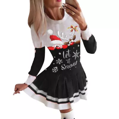 Buy Lady Christmas Elk Print Jumper Dress Xmas Party Long Sleeve Mini Pleated Dress • 14.39£