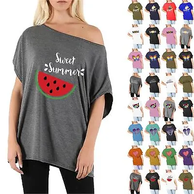 Buy Womens Ladies Oversized Sweet Summer Printed Batwing One Shoulder Baggy T-Shirt • 5.99£