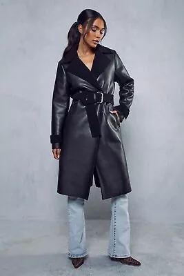 Buy Misspap Longline Borg Jacket Leather Look Jacket Size 16 • 25.99£